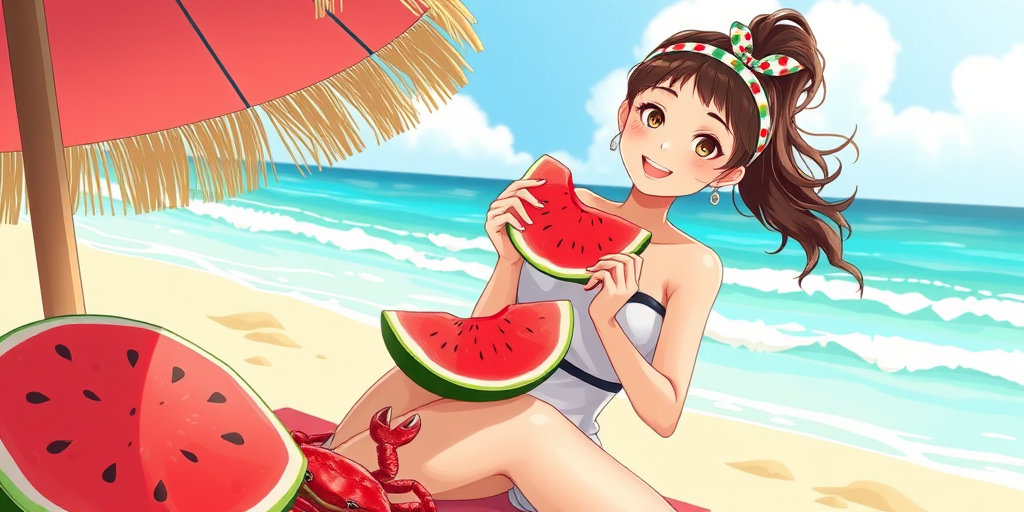 Create an illustration of a young woman sitting on a beach holding a slice of watermelon, wearing a colorful headband, with a crab beside her, in a vibrant, sunny setting; use a Canon EOS R5 camera, 50mm lens, f/1.8 aperture, ISO 100, and natural light for enhanced clarity and color saturation.