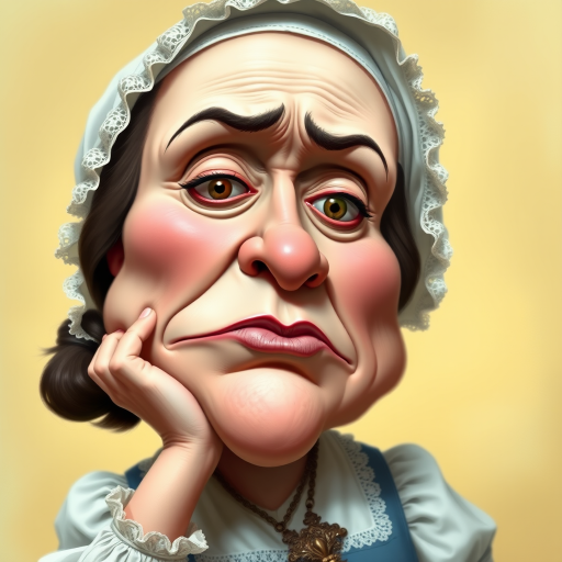 The image is a caricature of a woman with exaggerated features. She is wearing a white bonnet with lace trim and a white blouse with a blue bodice. She is leaning her chin on her hand with a bored or tired expression. Her lips are full and pouty, her cheeks are round and puffy, and her eyes are wide and slightly crossed. Her nose is long and thin, and her brows are furrowed. She is wearing a necklace with a large, ornate pendant. The background is a soft, blurry yellow. The overall effect is humorous and slightly grotesque.