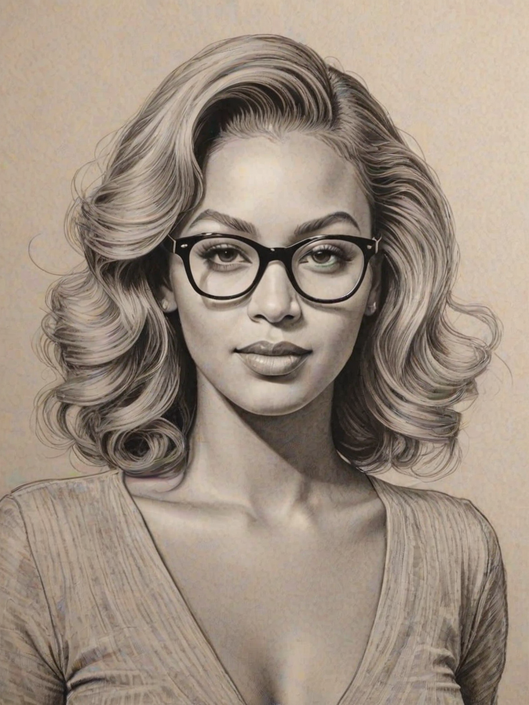 Dazzling Beyonc' Knowles, pencil sketch, portrait of Fetching woman 1939s in glasses, hair style beatnik, outline, clear lines, fine lines, 8k