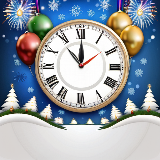 Festive New Year Countdown with Clock, Ornaments, and Snowy Background
