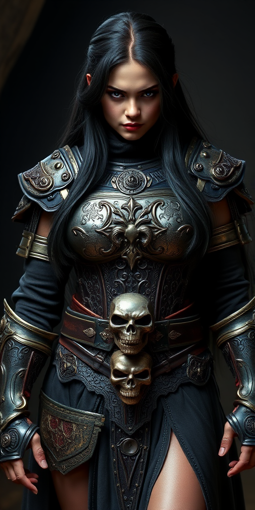 Create a photo of a fierce female warrior with long black hair, wearing an ornate, metallic armor. The armor includes a breastplate with intricate designs, shoulder guards, and gauntlets. The breastplate is decorated with a central emblem, possibly representing a mythical symbol, and has a sculpted, form-fitting design. She wears a belt with a large skull ornament at the center, and her armor extends into a partial skirt, revealing one leg. The overall look is both protective and stylish, with a dark, gothic aesthetic. The background is dimly lit, suggesting a medieval or fantasy setting, enhancing the warrior's imposing presence and intense expression.