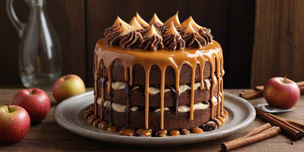Create an image of a tall, layered cake with alternating layers of light-colored frosting and dark cake. The top of the cake is drizzled with a thick caramel sauce, and several cinnamon sticks are artfully placed on top. The background features wooden textures and a few apples and cinnamon sticks scattered around for decoration. The overall atmosphere should be warm and inviting, evoking a cozy autumn vibe.