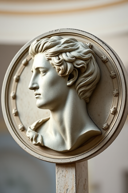 Create a detailed portrait of a classical sculpture's profile on a circular coin-like frame, using a DSLR camera with a 50mm lens, aperture at f/2.8, ISO 100, natural lighting, and a shallow depth of field for a crisp focal point against a softly blurred background.