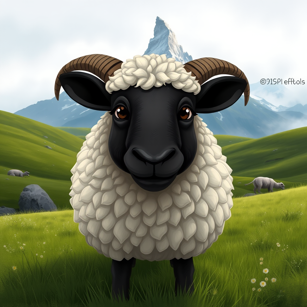 A textured painterly fantasy artistic cartoon image of a curious Valais Blacknose sheep with thick, curly white wool stands front and center in a picturesque alpine meadow, with the iconic Matterhorn Mountain looming in the background. The sheep's face is dark and expressive, with small horns jutting out from its sides. The scene is set against a misty sky, with rolling green hills and distant peaks covered in snow. The overall atmosphere is peaceful, capturing the serene beauty of the Swiss countryside.