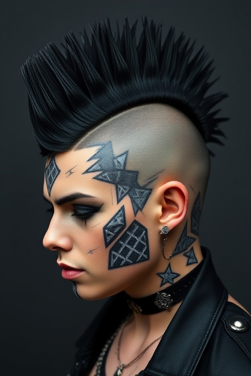 Dramatic jet black mohawk with shaved sides adorned with intricate silver geometric patterns, representing edgy punk rock style called Midnight Rebel