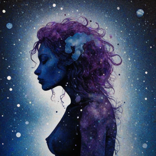 Captivating conceptual render alcohol ink art, double exposure, the paint strokes artfully merge combining a woman's full silhouette with a Swinging monkey's silhouette. The figures are composed of a series of colored dots, lines & spots that evoke the image of a cosmic galaxy, colors are deep shades of blue purple & black with flashes of white & silver representing distant stars. The woman's silhouette is formed within the lion's silhouette from constellations of scattered stars, surreal