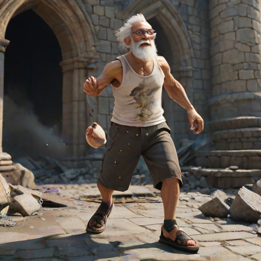 Cartoon 3D High-Resolution,dynamic battle scene using Unreal Engine 5 and Octane Render. The scene features back of an elderly, thai man with a beard,messy hair and round golden-rimmed glasses. He is wearing a tattered tank top with soot marks, shorts, and sandals. sweating. he wields a baseball bat. He jump to fight with a white fire-breathing Europe dragon amidst a partially destroyed stone castle. Include intense flames, smoke, and debris to enhance the dramatic effect.