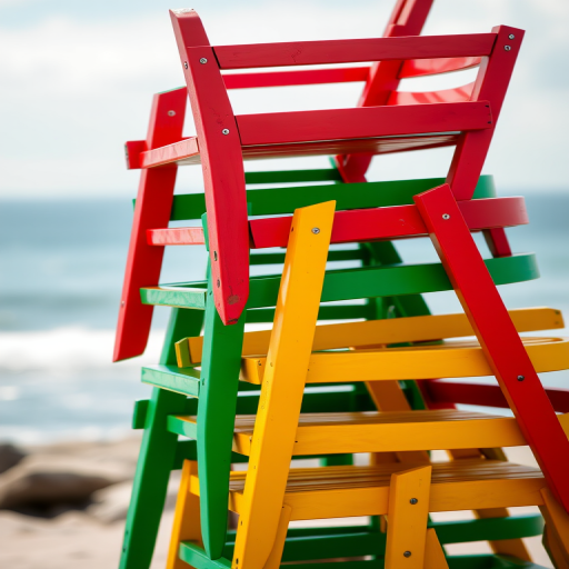 vibrant stacked colorful wooden chairs in red, green, and yellow against a blurred seaside background, high saturation, f/2.8 aperture, 50mm lens, daylight, shallow depth of field, DSLR camera