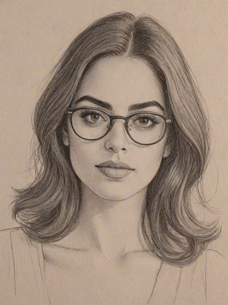 Captivating Inbar Lavi, pencil sketch, portrait of Bewitching woman 1970s in glasses, hair style beatnik, outline, clear lines, fine lines, 8k