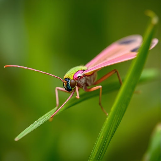 Close-up of a vibrant pink and green moth resting on a green blade of grass, shallow depth of field, macro lens, f/2.8 aperture, 1/200 sec shutter speed, ISO 100, natural lighting, soft bokeh background.