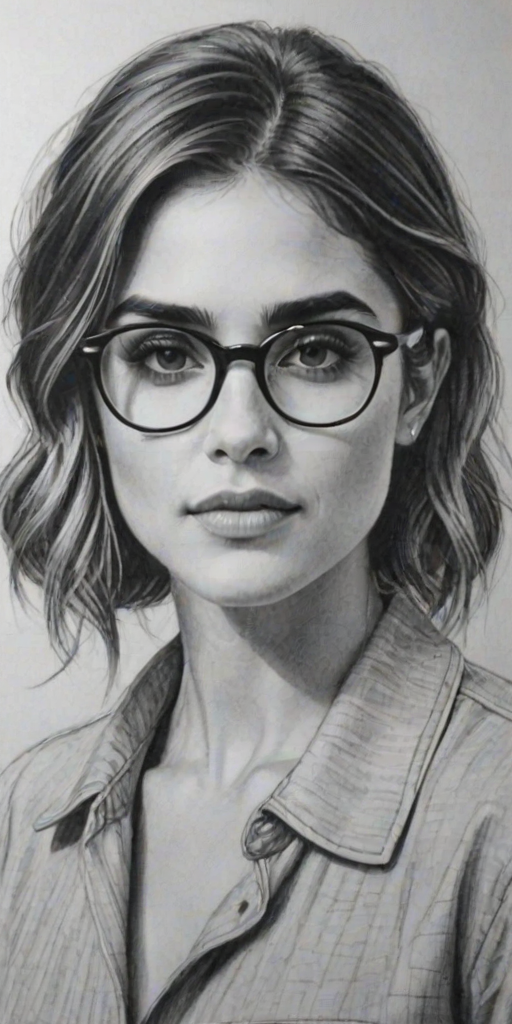Splendid Nikki Reed, pencil sketch, portrait of Gorgeous woman 1925s in glasses, hair style beatnik, outline, clear lines, fine lines, 8k