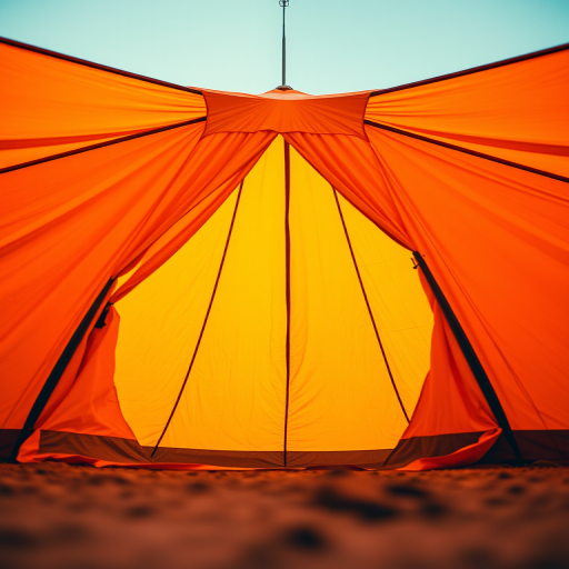 Regenerate the image of an orange tent with a bright yellow entrance, captured from a low-angle view, using a DSLR camera at f/8 aperture, ISO 100, 1/200 second shutter speed, and a 50mm lens for sharp detail and vibrant color.