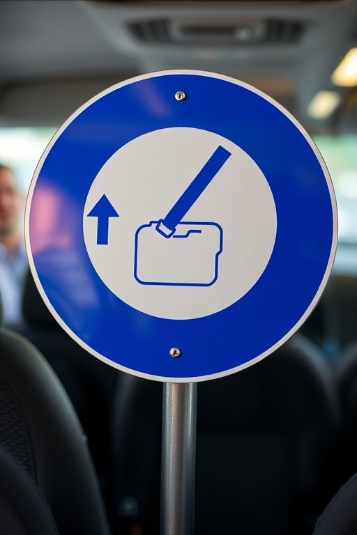 Create a high-resolution image of a blue circular sign featuring a seatbelt icon with arrows pointing towards the buckle, captured with a DSLR camera at f/8 aperture, ISO 100, 50mm lens, and in a well-lit environment for enhanced clarity and detail.
