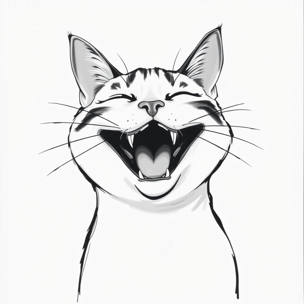 Abstract black and white acrylic portrait of an over exaggerated laughing (cat). Minimalism style. White background.