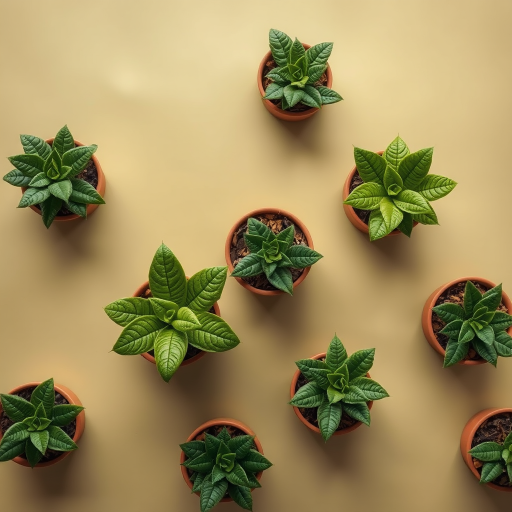 create a seamless pattern of potted plants with detailed green leaves on a muted olive background, shot with a Canon EOS R5 at f/8, ISO 100, 50mm lens, top-down view, soft natural lighting