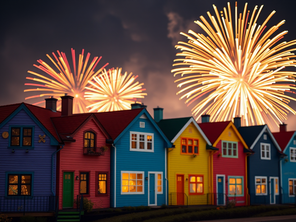 regenerate the image of colorful houses with fireworks in the background celebrating New Year's Eve 2025, using a DSLR camera, f/8 aperture, 1/125 sec shutter speed, ISO 200, wide-angle lens, and a vibrant color style.