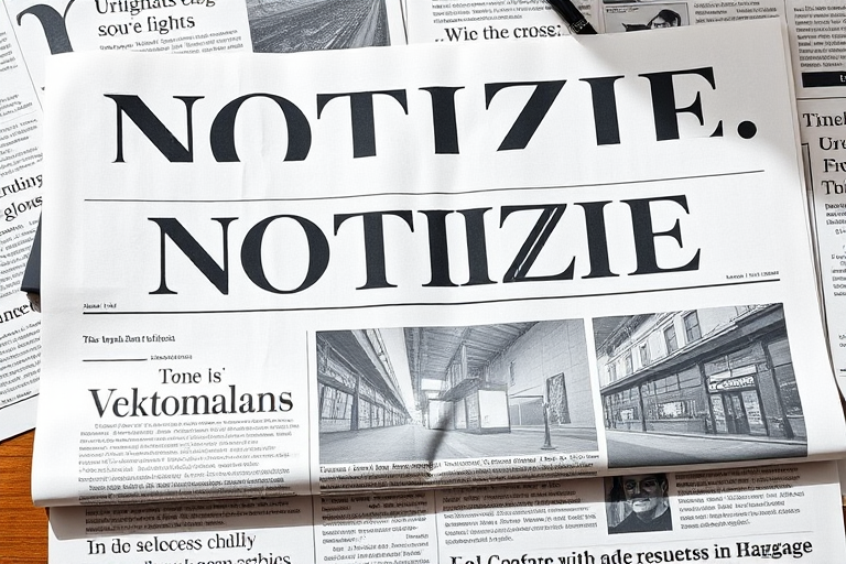 Create a high-resolution image of a newspaper with the word "NOTIZIE" prominently displayed at the top using a Canon EOS R5 camera, 50mm lens, f/1.8 aperture, ISO 100, natural lighting, and a flat lay perspective.