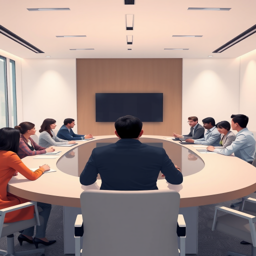 Create a high-resolution digital illustration of a business meeting in a modern conference room with a large oval table, include 15 diverse professionals engaged in discussion, utilize soft, diffused lighting and a clean, minimalist style, camera settings: f/8 aperture, ISO 100, shutter speed 1/125 sec, camera view: wide-angle perspective from the back of the room, camera style: realistic, camera type: DSLR.