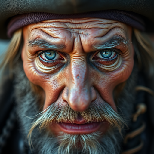 Regenerate a highly detailed portrait of an elderly pirate captain with intense blue eyes and weathered facial features, captured in natural light with a shallow depth of field, using a full-frame DSLR camera, 85mm f/1.4 lens, ISO 200, shutter speed 1/200s, in a dramatic close-up view.