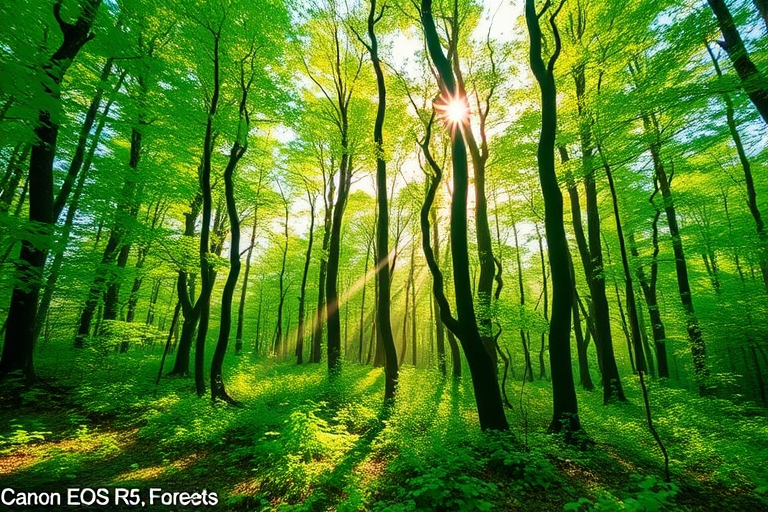 Create a high-resolution image of a mystical forest with vibrant greenery, soft sunlight filtering through the trees, using a Canon EOS R5, 24mm lens, aperture f/2.8, ISO 200, in a wide-angle view with a shallow depth of field.