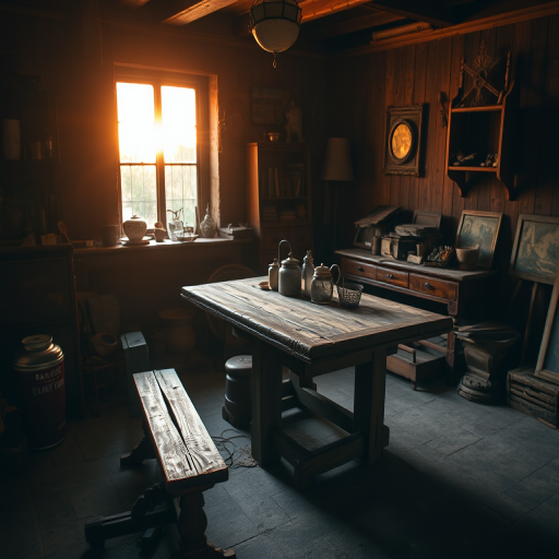 interior of a rustic room with an old wooden table, scattered vintage items, warm light coming through a window at sunset, soft focus, 50mm lens, aperture f/1.8, ISO 100, natural light, shot in HDR for enhanced detail and texture