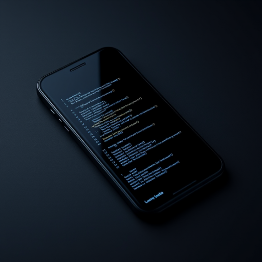 Create a digital image of a smartphone with a minimalist design, featuring a coding terminal interface on the screen, in a dark theme with shades of blue and black, shot with a DSLR camera at f/2.8 aperture, ISO 100, 24mm focal length, and using a soft-focus lens for a modern, sleek look.