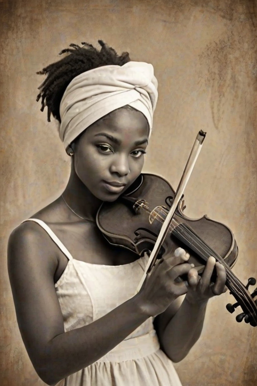 a young Nubian woman with a white headband playing a violin, in the style of a charcoal drawing, sepia grunge background