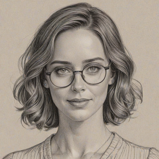 Sublime Emily Blunt, pencil sketch, portrait of Fascinating woman 1936s in glasses, hair style beatnik, outline, clear lines, fine lines, 8k