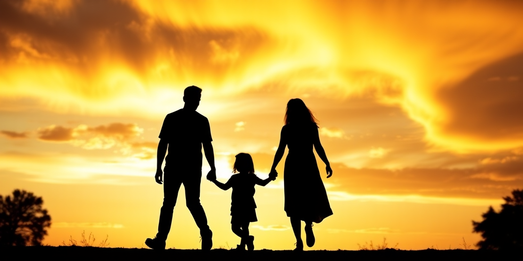Create a silhouette image of a family of three walking hand in hand at sunset with vibrant clouds in the sky, captured at golden hour using a DSLR camera at f/2.8, ISO 100, 1/200 sec exposure, with a wide-angle lens from a low angle to enhance the dramatic effect.