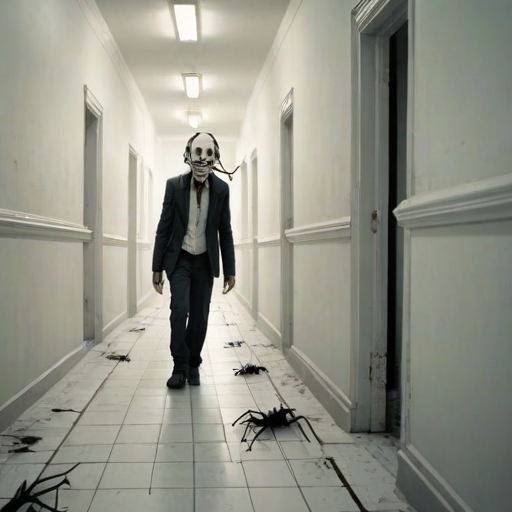 a crooked male with long arms and a creepy smile is crawling along a long white corridor and you can also see cockroaches in it there is a creepy atmosphere creepy art style