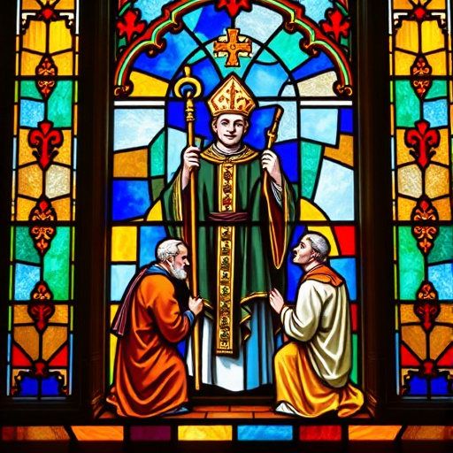 Create a vibrant stained glass window scene featuring a bishop with a staff blessing two kneeling figures, using a Canon EOS R5 camera, 50mm f/1.2 lens, f-stop at 4.0, ISO 100, daylight white balance, and vibrant color profile for enhanced clarity and detail.