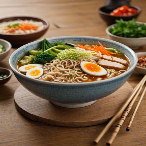 Close-up of a steaming bowl of ramen, garnished with fresh herbs and vegetables, set on a wooden table with chopsticks resting beside it, creating an inviting culinary scene.