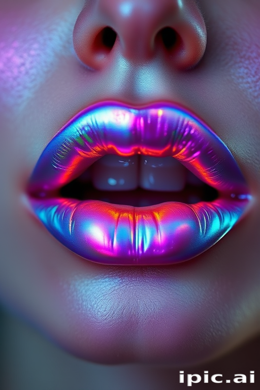 Holographic iridescent lips shifting colors in the light, from lavender to teal, futuristic and enchanting, pushing the boundaries of lip artistry