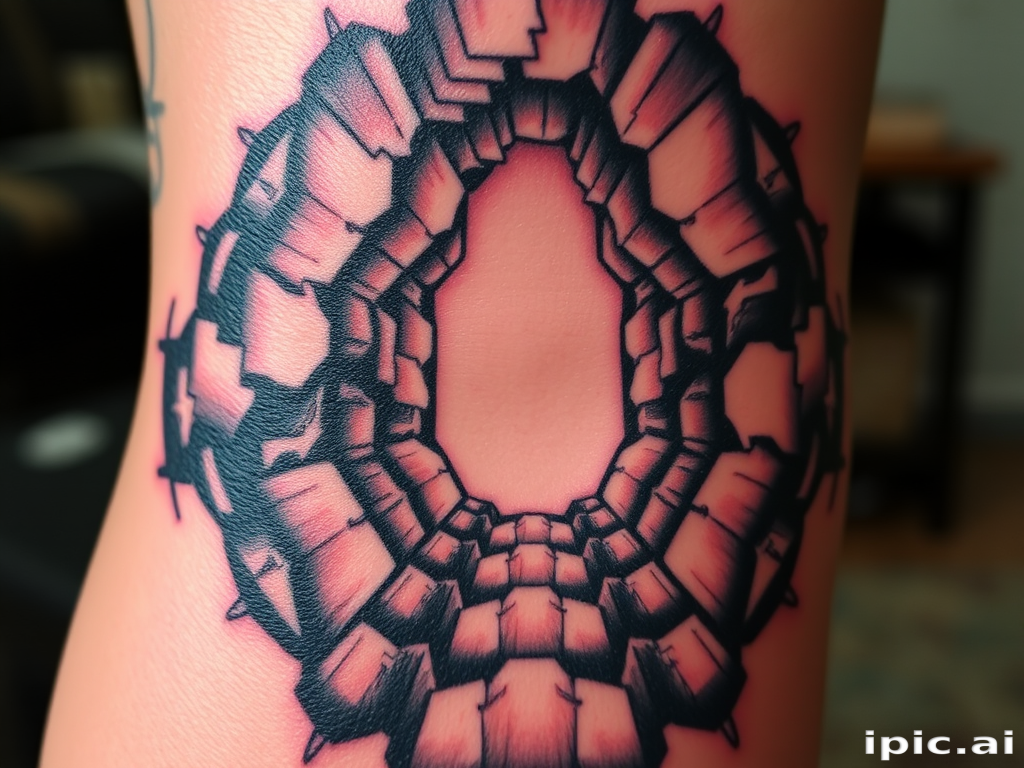 Surrealist optical illusion tattoo creating the appearance of a three-dimensional portal on the skin, with hyper-realistic depth and shading techniques for a mind-bending visual experience