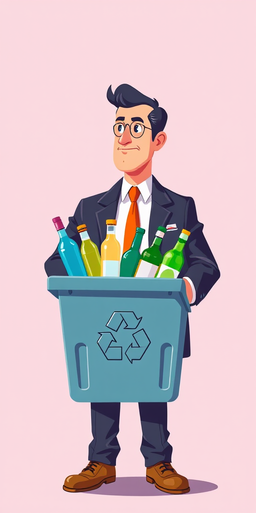 A stylized illustration of a man in a suit holding a recycling bin with bottles, with a focus on vibrant colors and clear lines, shot with a Canon EOS 5D Mark IV at f/8, ISO 100, 50mm lens, with a clean background for better emphasis on the subject.