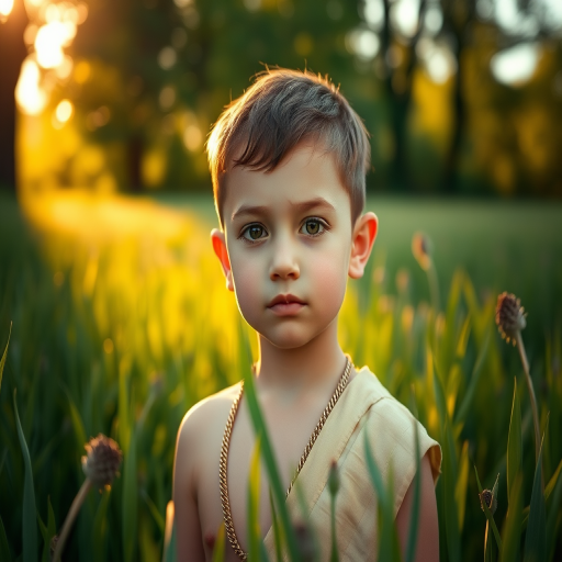 Create a highly detailed portrait of a young boy resembling a divine figure in a lush green field, with soft golden sunlight filtering through trees, using a Canon EOS R5, 50mm lens, f/1.8 aperture, ISO 100, soft focus background for depth.