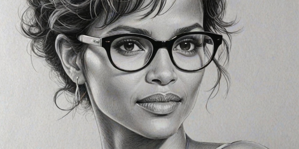 Delightful Halle Berry, pencil sketch, portrait of Bewitching woman 1973s in glasses, hair style beatnik, outline, clear lines, fine lines, 8k