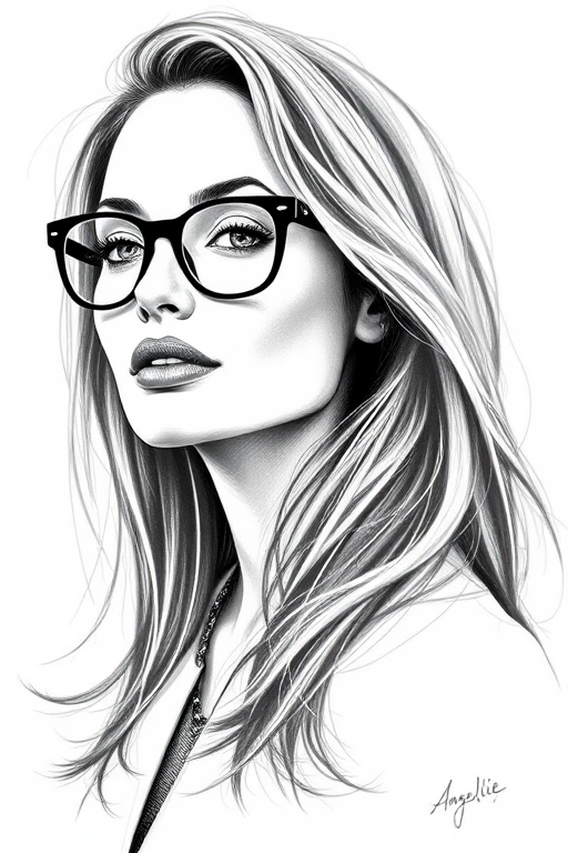 Beautiful Angelina Jolie, pencil sketch, portrait of beautiful woman 60s in glasses, hair style beatnik, outline, clear lines, fine lines, 8k