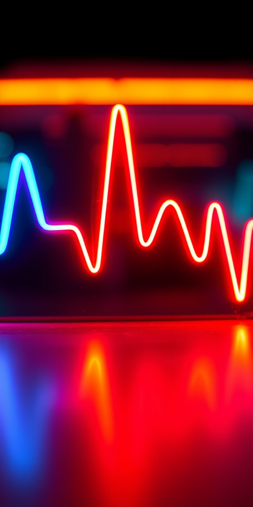 Create an abstract representation of a heartbeat line with vibrant neon colors, featuring a dynamic pulse effect, using a Canon EOS R5 camera, 50mm lens, f/1.8 aperture, ISO 100, 1/200 sec exposure, and a low angle view for added depth.