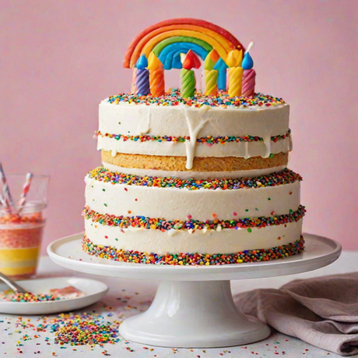 Create an image of a colorful birthday cake with layers of vanilla sponge, filled with rainbow sprinkles, and topped with white frosting and more sprinkles. The cake should be displayed on a white cake stand with a bright background.