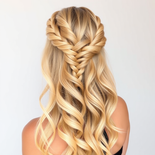 Golden blonde crown braid transitioning into loose, sun-kissed waves cascading down the back, embodying the essence of a summer goddess called Solaris Mane