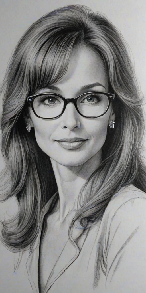 Lovely Susan Lucci, pencil sketch, portrait of Attractive woman 1923s in glasses, hair style beatnik, outline, clear lines, fine lines, 8k