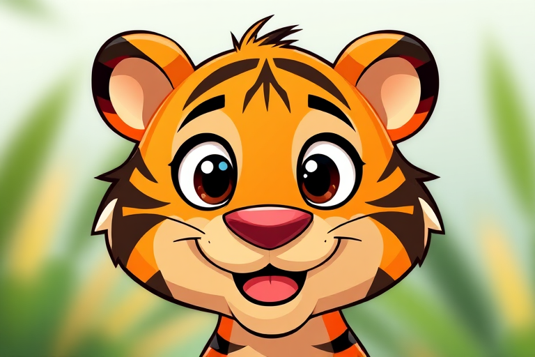 Create a cartoon-style illustration of a friendly tiger face with bright orange and black stripes, large round eyes, and a cheerful expression, captured using a DSLR camera with a 50mm lens, f/1.8 aperture, ISO 100, and a shallow depth of field to enhance vibrancy and focus on the character.