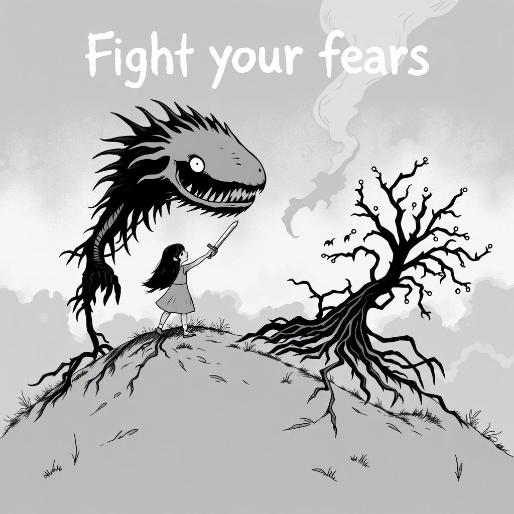 Fight your fears illustration of black and white minimalist of a little girl standing on a hill, raising a sword in hand, she is facing a large menacing creature with large head, sharp teeth and sharp claws, its body is made of vines and roots. The background is a cloudy sky with a hint of smoke or fog. The overall mood of the image is dark and eerie.