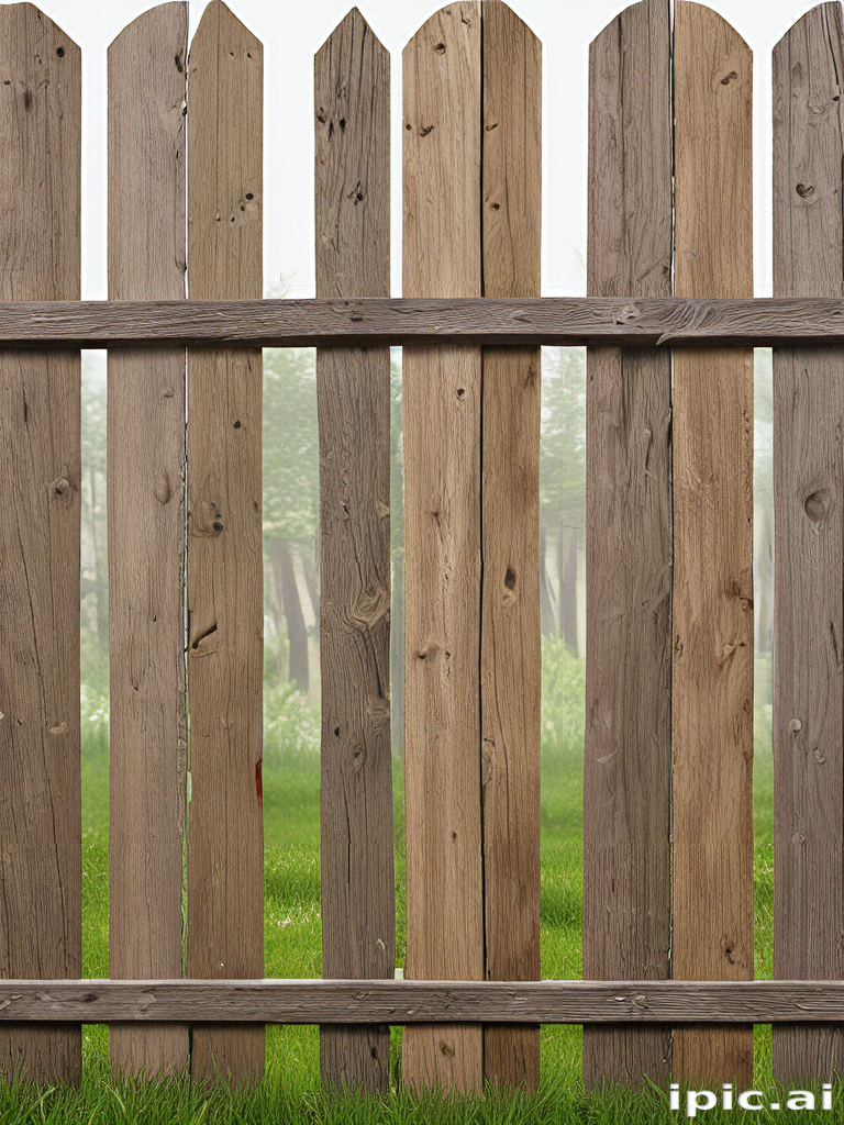 Weathered Wooden Fence Surrounded by Lush Green Grass in Misty Landscape