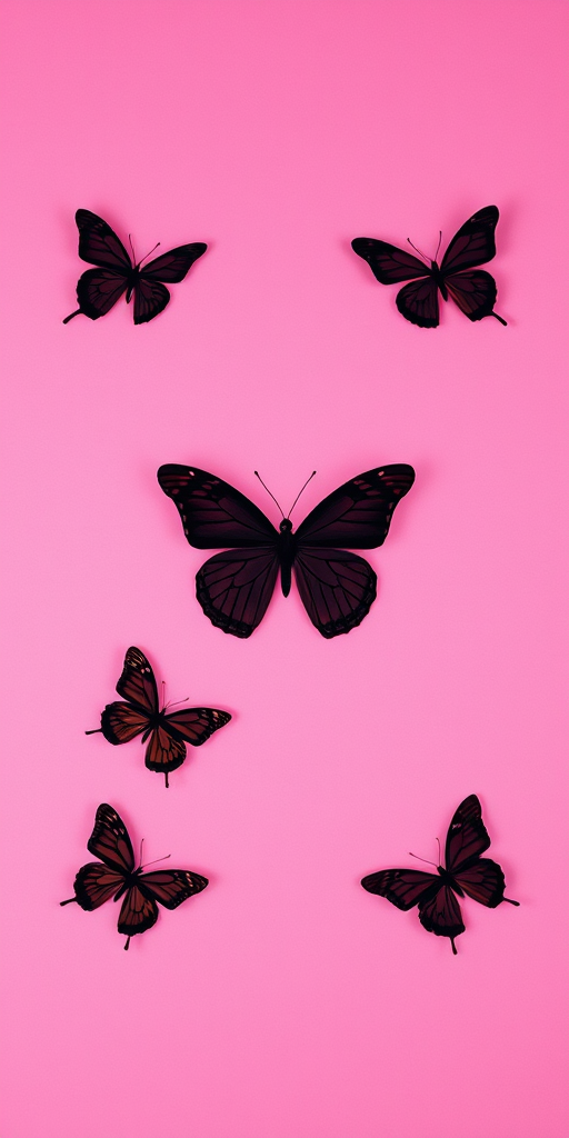 Create an abstract design featuring four butterfly silhouettes in a grid format on a vibrant pink background, using a Canon EOS R5 with a 50mm f/1.2 lens, shot from an overhead view, in vibrant color style for enhanced image quality.