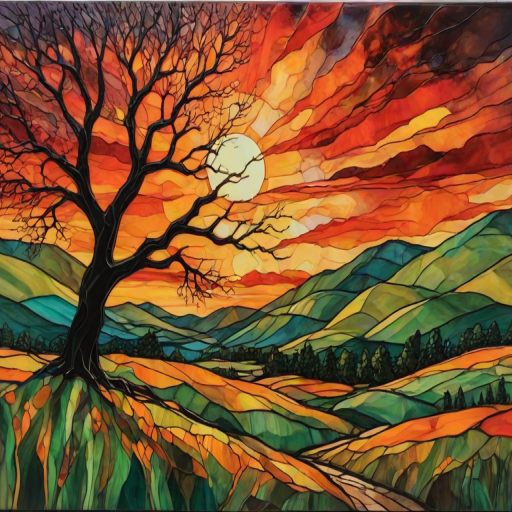 A vibrant abstract painting on Tiffany Glass, blending acrylic and alcohol ink techniques, captures a dramatic sunset over rolling hills. The artwork features a textured, rocky foreground in green and brown, layered abstract hills, and a striking sunset in rich oranges, yellows, and reds. A solitary black tree with intricate branches contrasts against the fiery sky, creating a dynamic and expressive portrayal of a breathtaking natural scene.