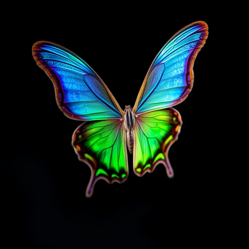 A vibrant butterfly with intricate blue and green wings, perched gracefully against a dark background, captured using a DSLR camera at 50mm focal length, f/2.8 aperture, ISO 100, with a shallow depth of field and natural lighting to enhance color saturation and details.