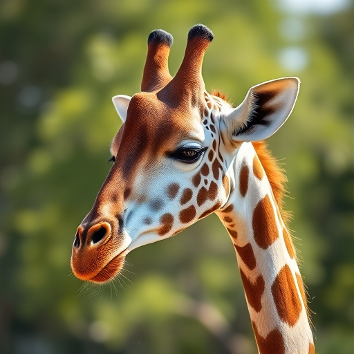 Regenerate an image of a giraffe in profile view with a DSLR camera, 85mm lens, aperture f/1.8, ISO 200, shooting in natural light for enhanced detail and softness in the background.