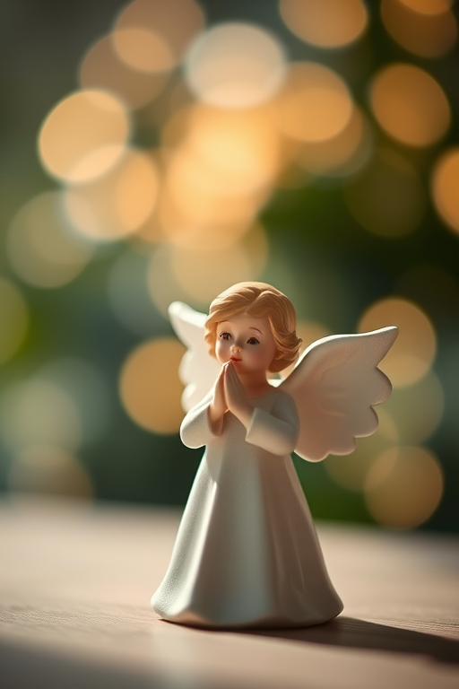 Capture a serene angel figurine with a soft focus on the background, bokeh lights creating a dreamy effect; use a DSLR camera, aperture f/2.8, ISO 200, shutter speed 1/60 sec, focal length 50mm, with natural lighting to enhance details.